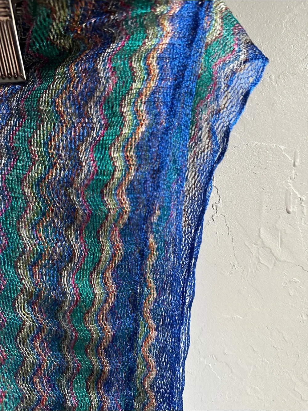Metallic Mesh Knit Fringe Shawl Teal Blue Boho Festival Y2K Scarf 74x34